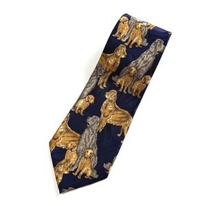 Fratello Dog Print Tie Mens Navy Blue Golden Retriever Setter Novelty Hand Made